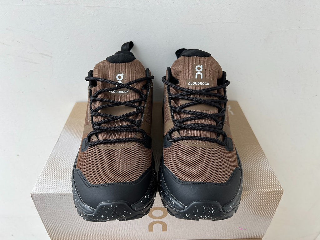 On Cloudrock Low Waterproof Hiking Shoes in Brown / Black with Speckled Midsole