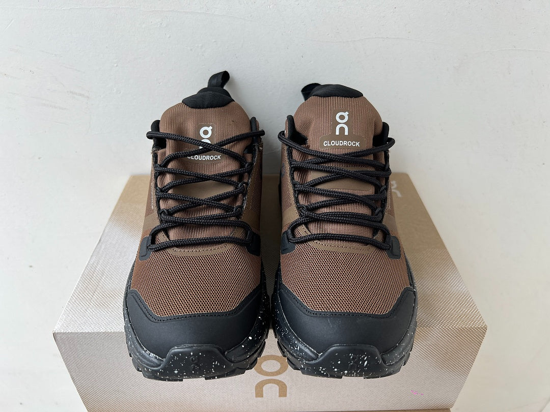 On Cloudrock Low Waterproof Hiking Shoes in Brown / Black with Speckled Midsole