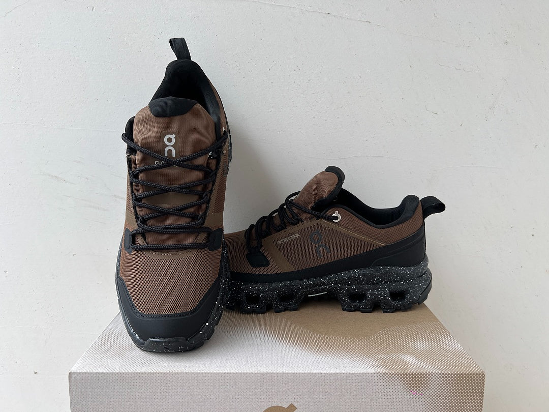 On Cloudrock Low Waterproof Hiking Shoes in Brown / Black with Speckled Midsole