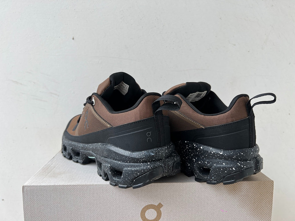On Cloudrock Low Waterproof Hiking Shoes in Brown / Black with Speckled Midsole