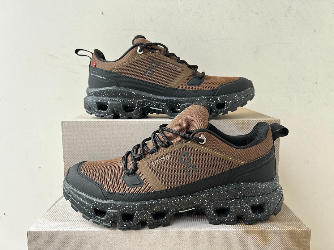 On Cloudrock Low Waterproof Hiking Shoes in Brown / Black with Speckled Midsole