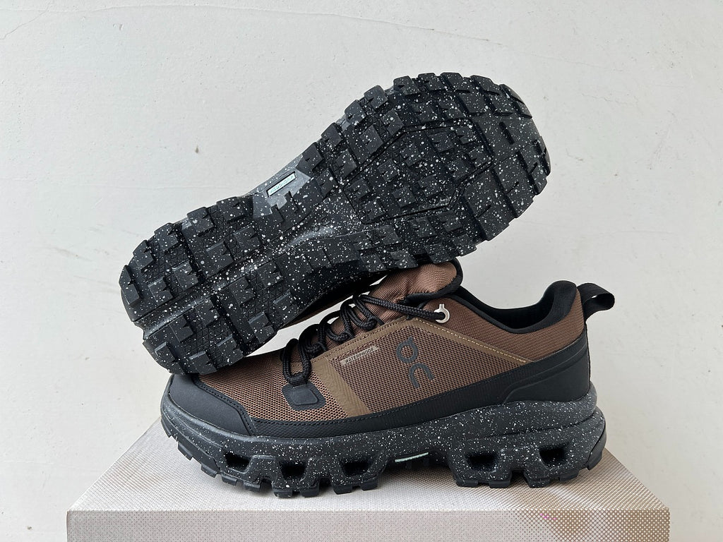 On Cloudrock Low Waterproof Hiking Shoes in Brown / Black with Speckled Midsole