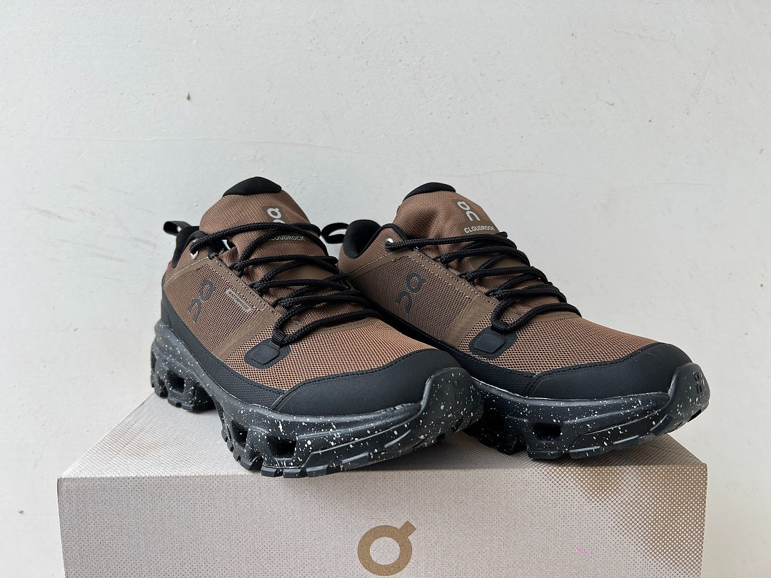 On Cloudrock Low Waterproof Hiking Shoes in Brown / Black with Speckled Midsole