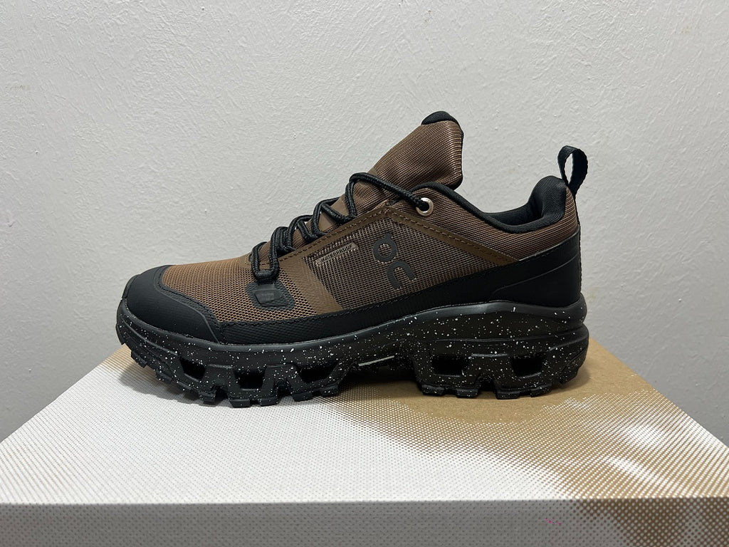 On Cloudrock Low Waterproof Hiking Shoes in Brown / Black with Speckled Midsole