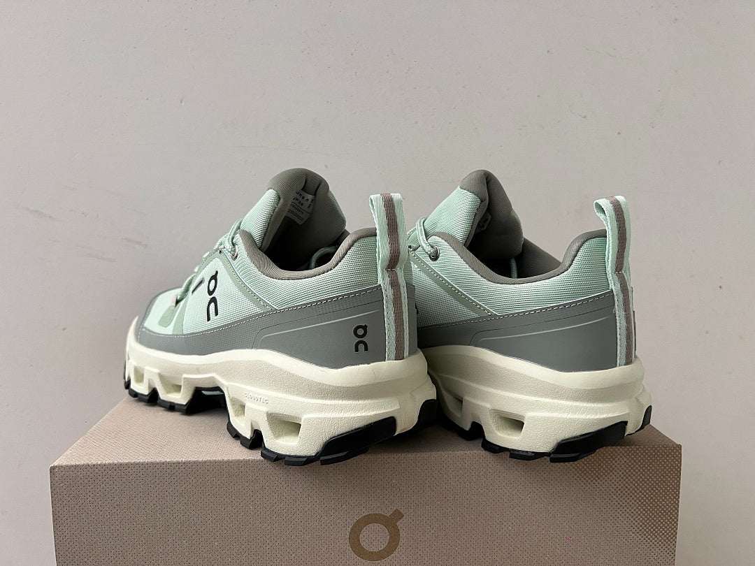 On Cloudrock Low Waterproof Hiking Shoes in Sage / Grey