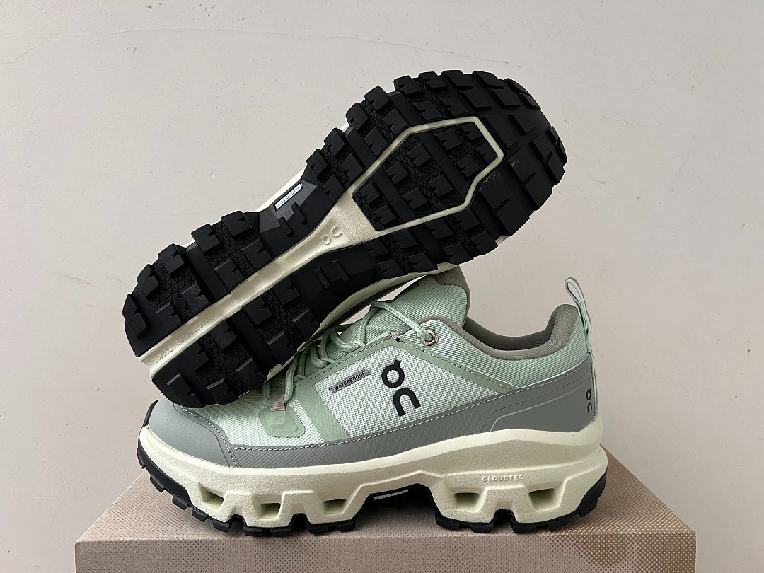 On Cloudrock Low Waterproof Hiking Shoes in Sage / Grey