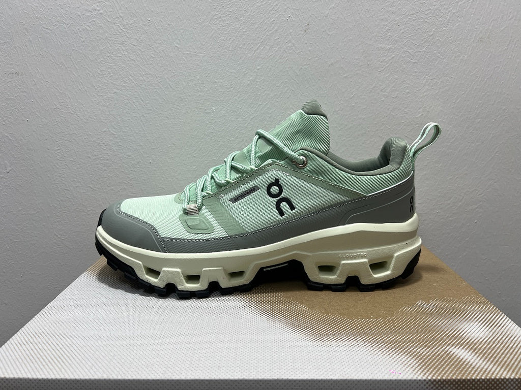 On Cloudrock Low Waterproof Hiking Shoes in Sage / Grey