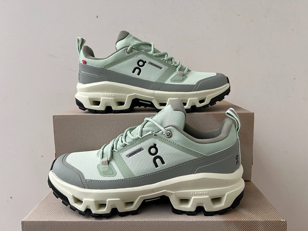 On Cloudrock Low Waterproof Hiking Shoes in Sage / Grey