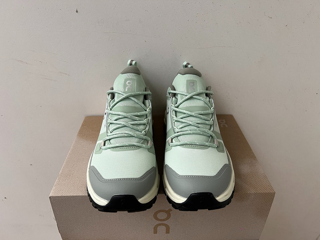 On Cloudrock Low Waterproof Hiking Shoes in Sage / Grey