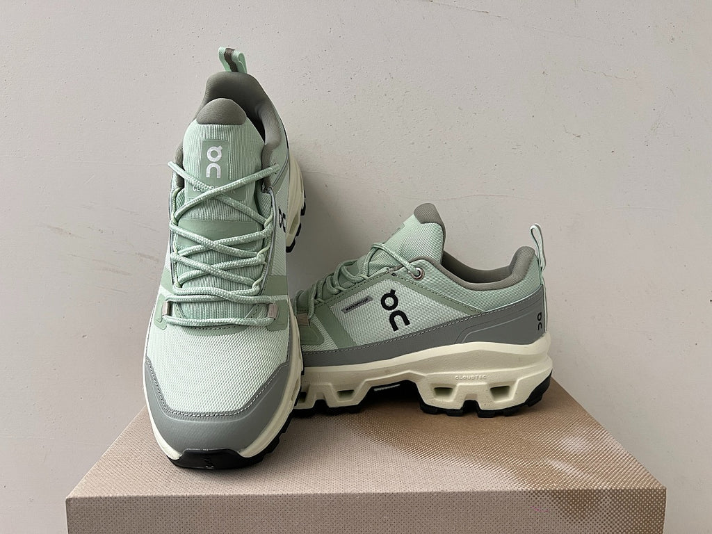 On Cloudrock Low Waterproof Hiking Shoes in Sage / Grey