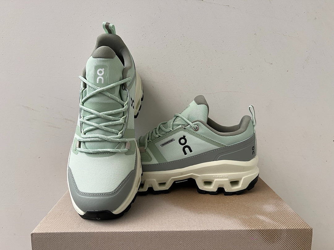 On Cloudrock Low Waterproof Hiking Shoes in Sage / Grey