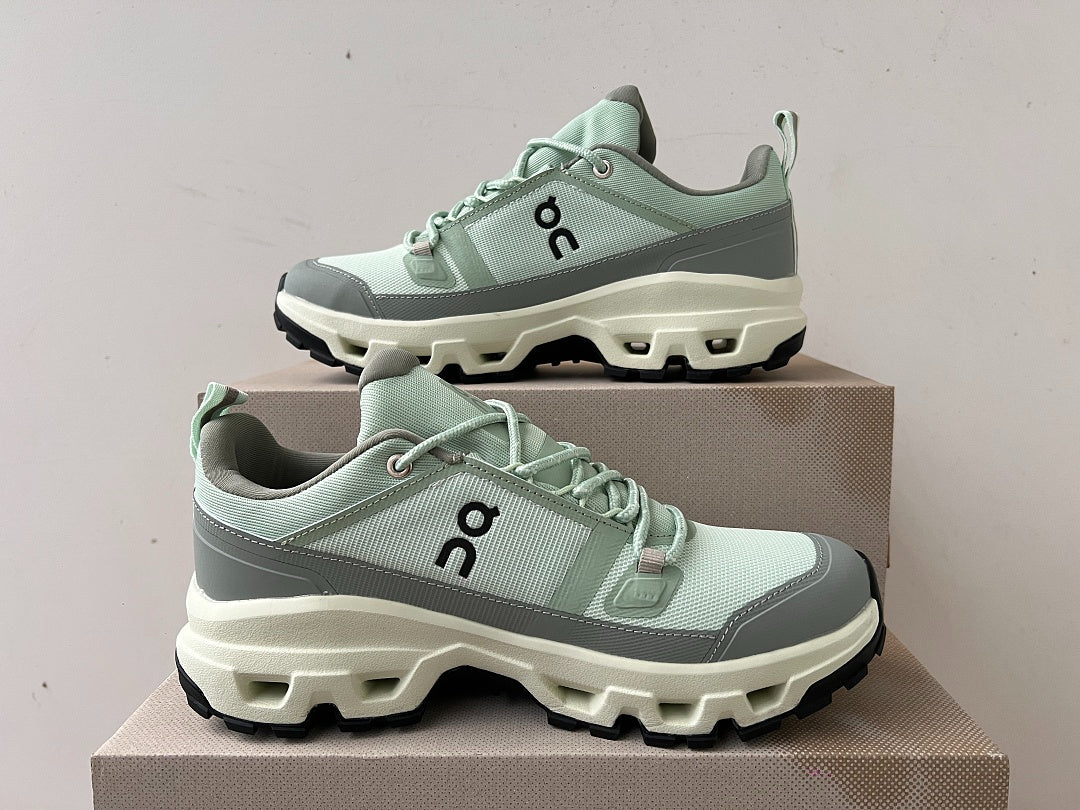 On Cloudrock Low Waterproof Hiking Shoes in Sage / Grey