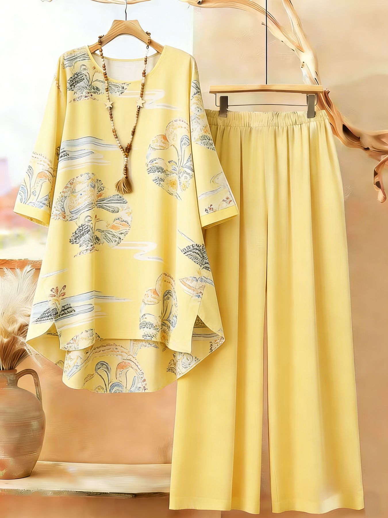 Plus Size, Plus Size Women 2pcs Outfit Vintage Watercolor Abstract Botanical Cloud Print Loose Irregular Tunic Top Elastic Waist Flowy Wide Leg Pants Elegant Casual Matching Set