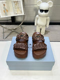 Women Dark Brown Ruched Two Band Platform Slides Triangle Gold Logo Slip On Casual Sandals