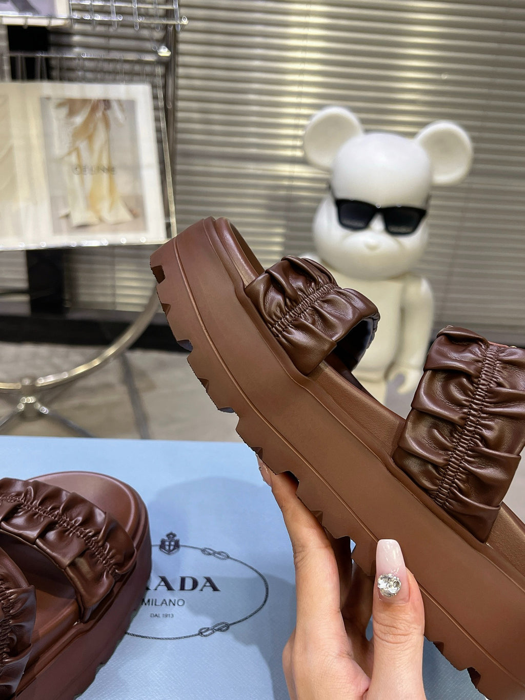 Women Dark Brown Ruched Two Band Platform Slides Triangle Gold Logo Slip On Casual Sandals