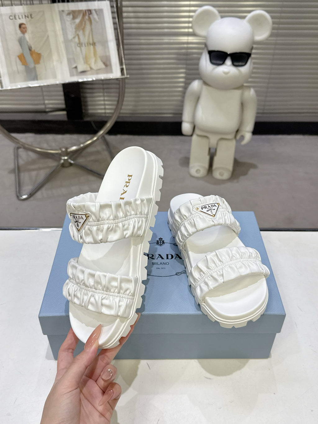 Prada Gold Triangle Logo Ruched Dual Band Platform Slide Sandals Women White Open Toe Lug Sole Slip On Summer Casual Slides