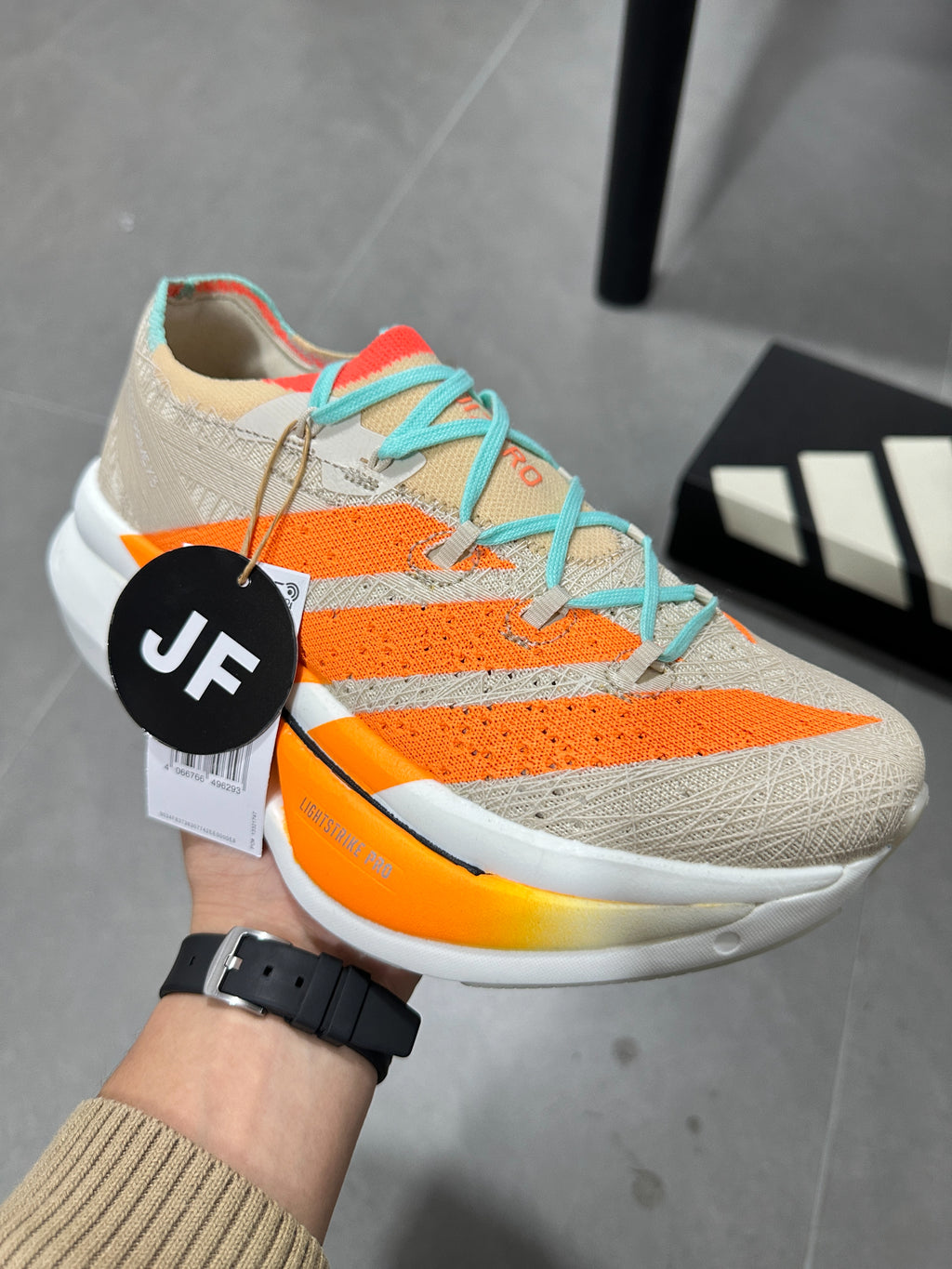 Adidas ADIZERO ADIOS PRO 4 (Beige / Orange / Turquoise colorway)