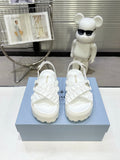 Women White Ruched Cross Band Platform Sandals Triangle Gold Logo Adjustable Ankle Buckle Casual Summer Shoes