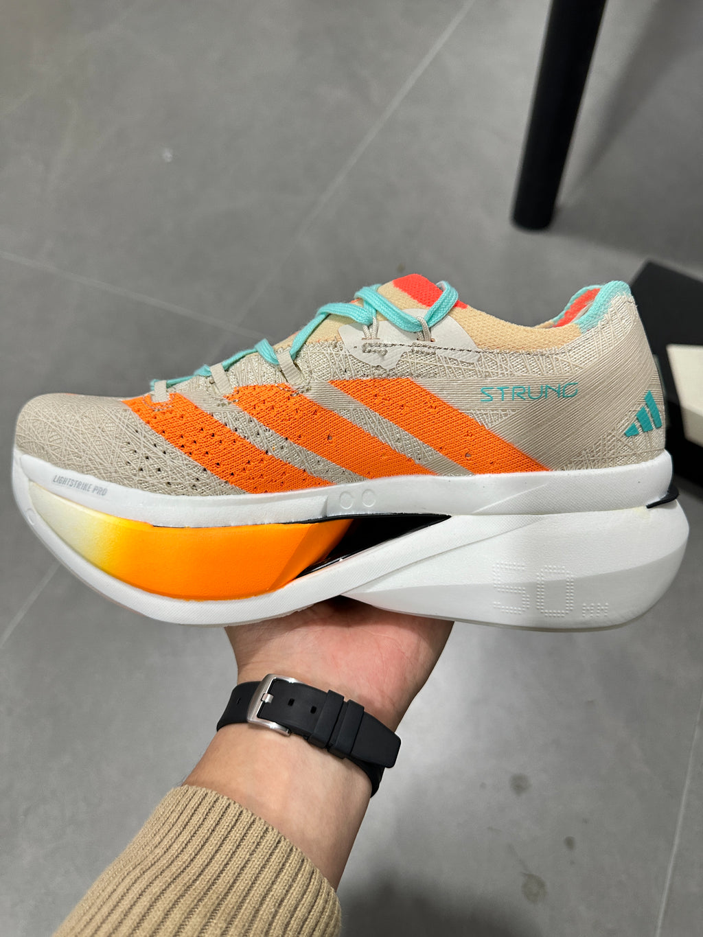 Adidas ADIZERO ADIOS PRO 4 (Beige / Orange / Turquoise colorway)
