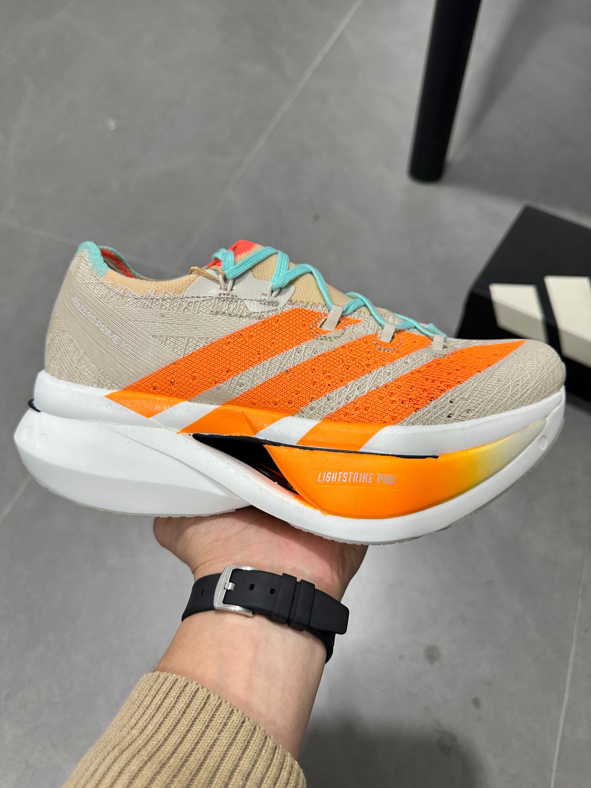 Adidas ADIZERO ADIOS PRO 4 (Beige / Orange / Turquoise colorway)