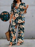 Plus Size - Plus Size - Plus Size Women Color Block Printed Two Piece Set, Autumn Winter New Loose Fit Top And Pants Outfit with Buttons, Holiday Gifts, Mother'S Day Gifts, Valentine'S Day Outfits, Figure Flattering, Plus Size, Elegant Commute Wear