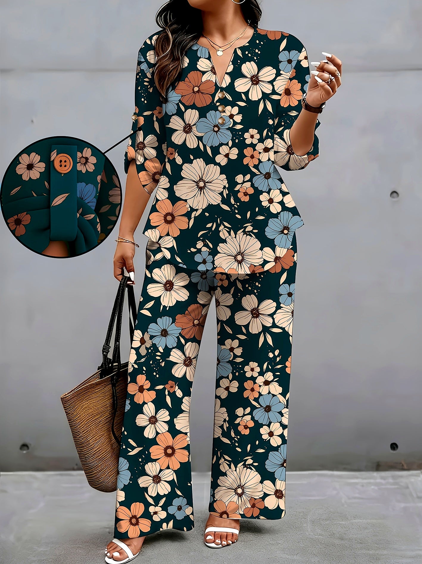 Plus Size - Plus Size - Plus Size Women Color Block Printed Two Piece Set, Autumn Winter New Loose Fit Top And Pants Outfit with Buttons, Holiday Gifts, Mother'S Day Gifts, Valentine'S Day Outfits, Figure Flattering, Plus Size, Elegant Commute Wear