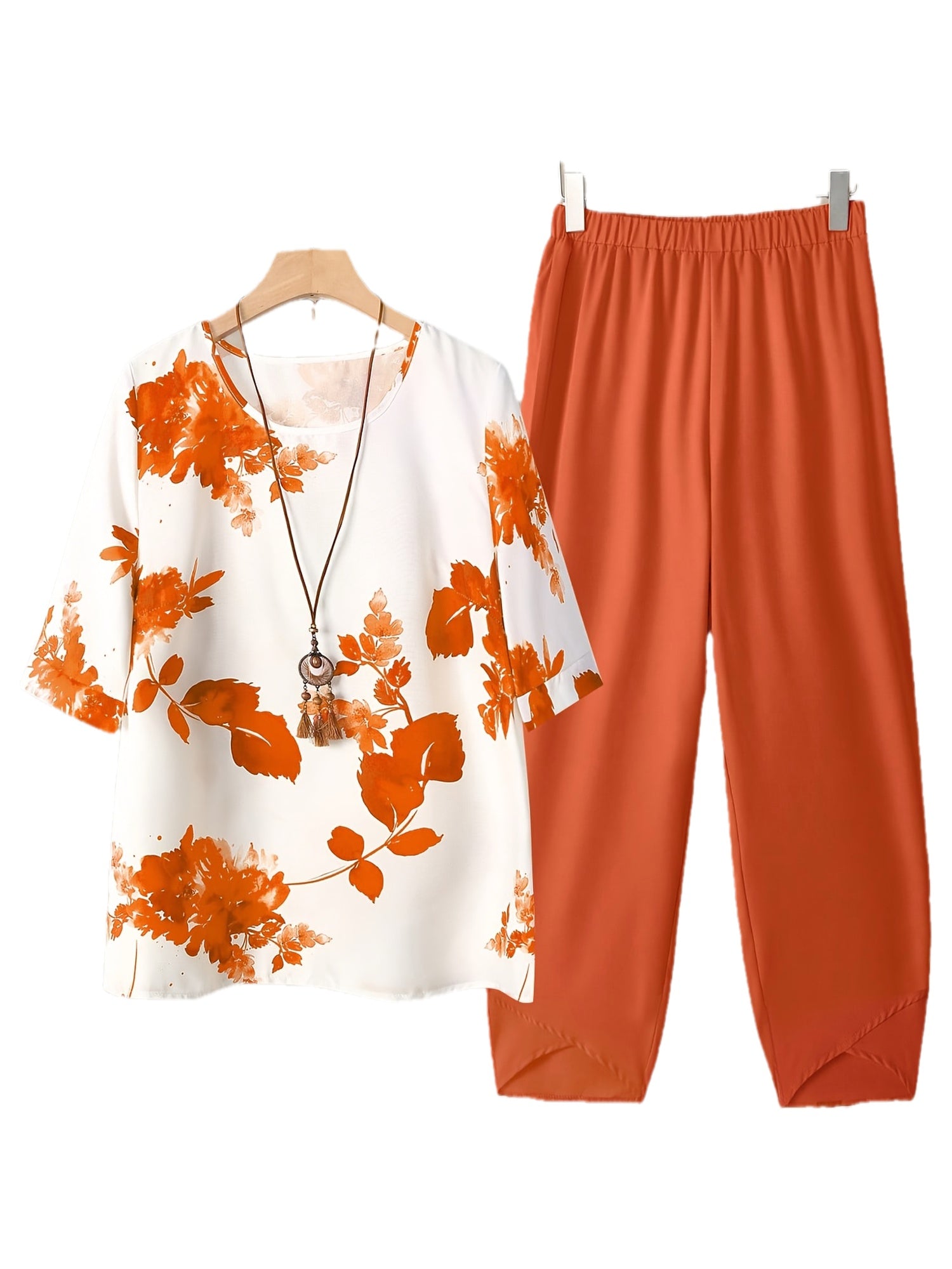 Women'S Fashion Two-Piece Set, Women'S Fashion Casual Elegant Printed Round Neck Short Sleeve Top And Pants Two-Piece Outfit, Casual Set, Loose Fit, Home Wear