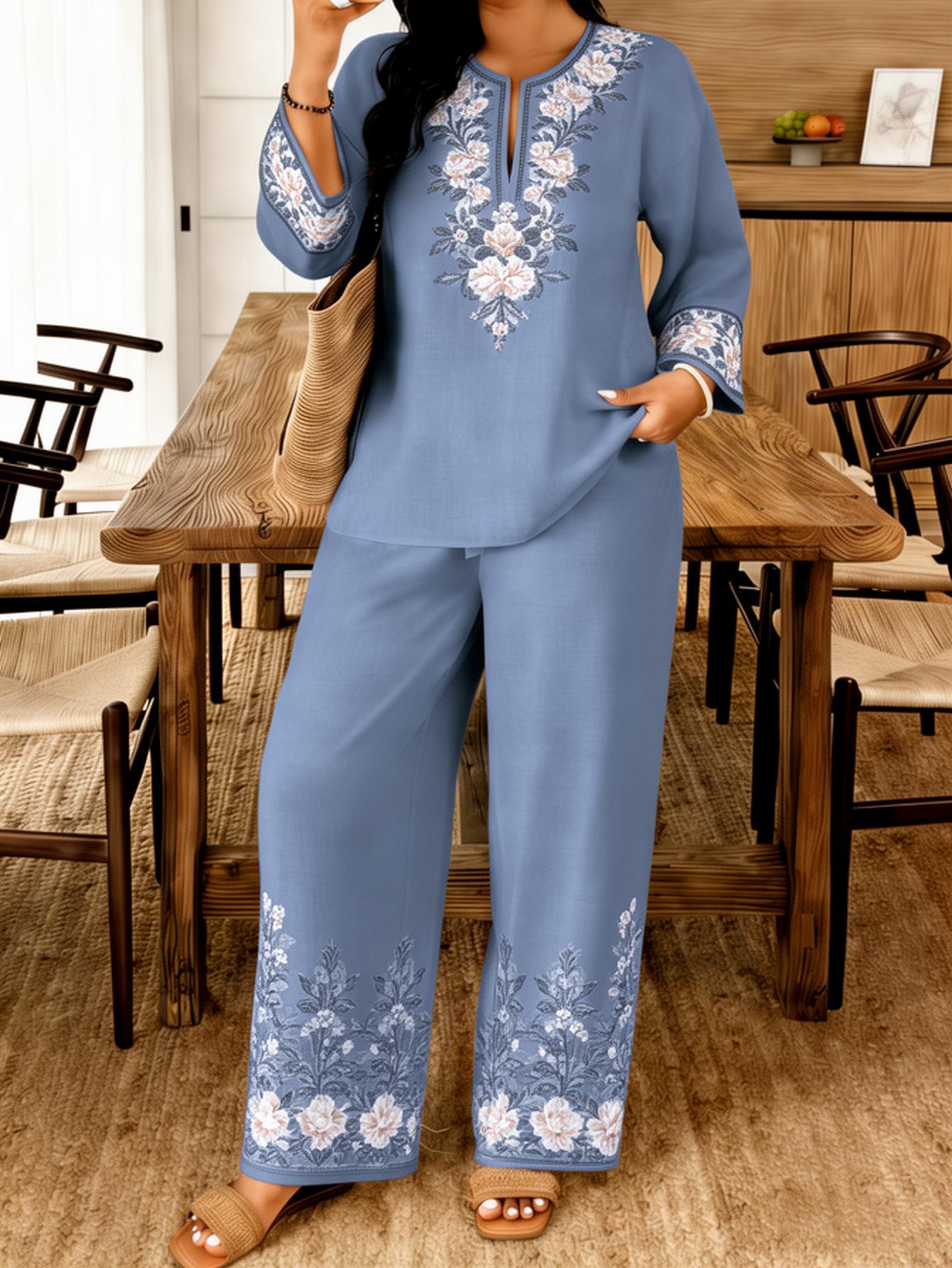 A Loose-fitting Top with a Small V-neck, Paired with Casual Pants, Makes a Perfect Outfit for Casual Attire.