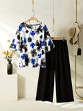 Women'S Spring Summer Floral Print Short Sleeve Top And Elastic Waist Loose Wide Leg Pants