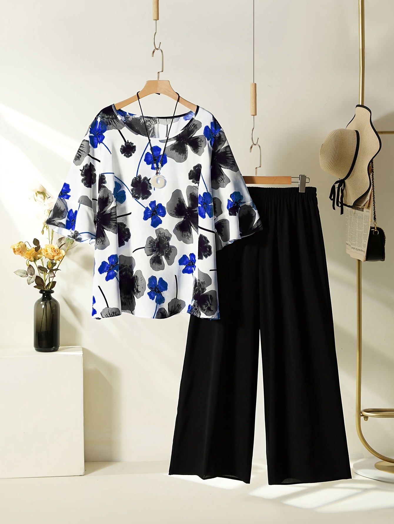 Women'S Spring Summer Floral Print Short Sleeve Top And Elastic Waist Loose Wide Leg Pants