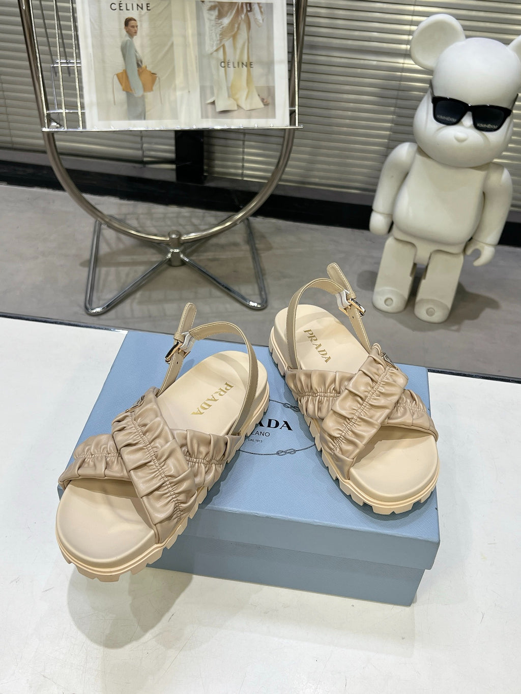 Women Beige Ruched Cross Band Platform Sandals Triangle Gold Logo Adjustable Ankle Strap Casual Shoes