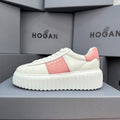 Ladies HOGAN White Pink Patchwork Cow Leather Grooved Platform Elevator Casual Trainers