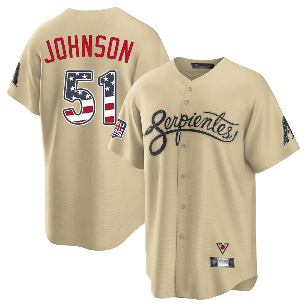 Arizona Diamondbacks #51 Randy Johnson Player Tan USA 250 Fourth of July Home Game Stitched Baseball Jersey