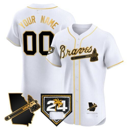 Atlanta Braves 2024 Spring Training & Georgia Patch Vapor Premier Elite Custom Jersey –White Gold Baseball Jersey