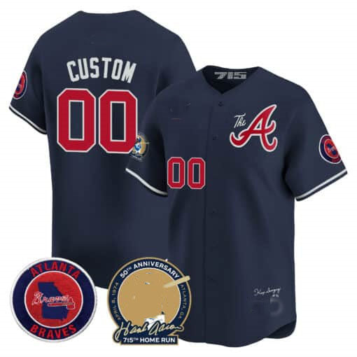 Atlanta Braves Hank Aaron 715th Home Run Patch Vapor Premier Limited Custom Jersey V2 – Navy Baseball Jersey