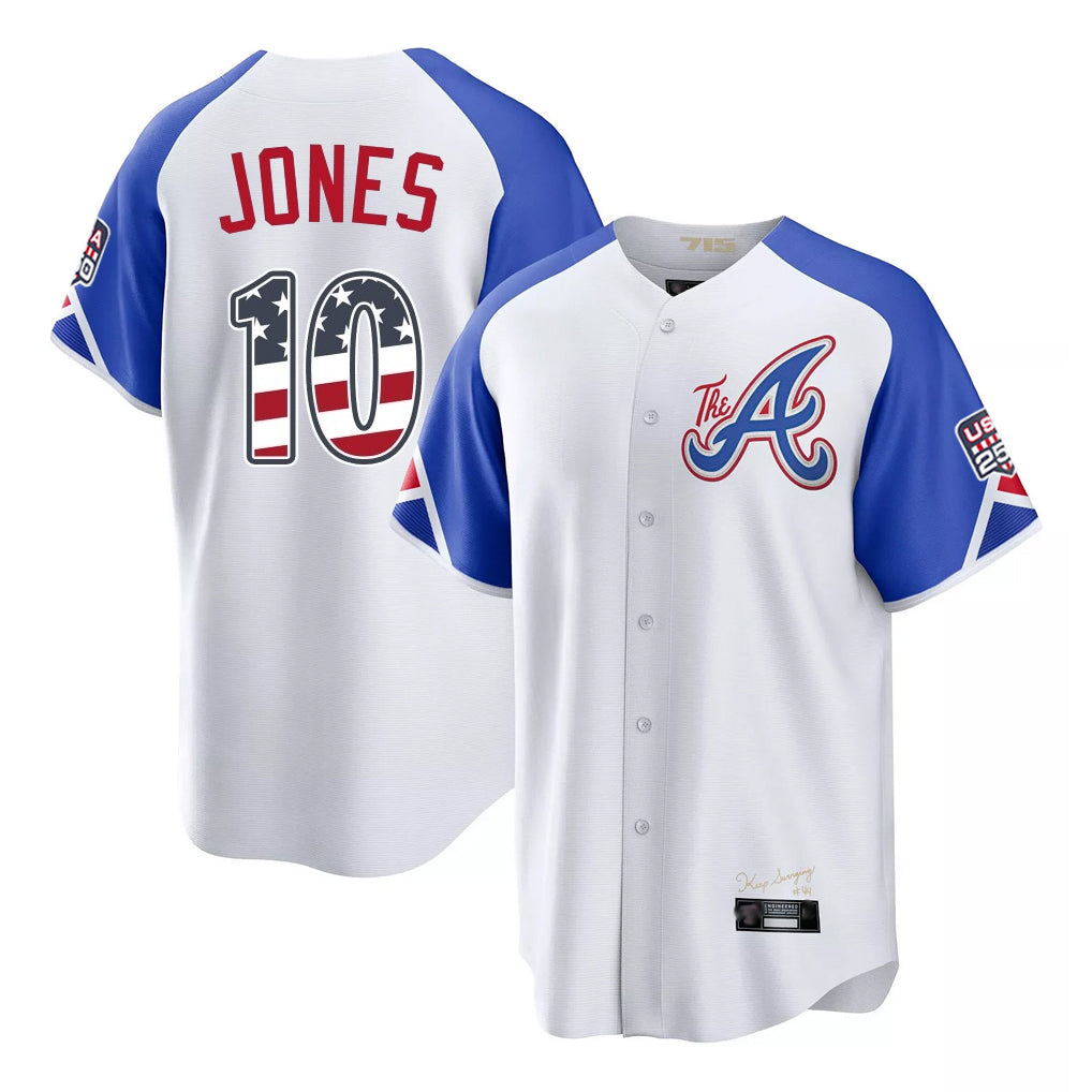Atlanta Braves #10 Chipper Jones Player White USA 250 Fourth Of July City Connect Home Game Stitched Baseball Jersey