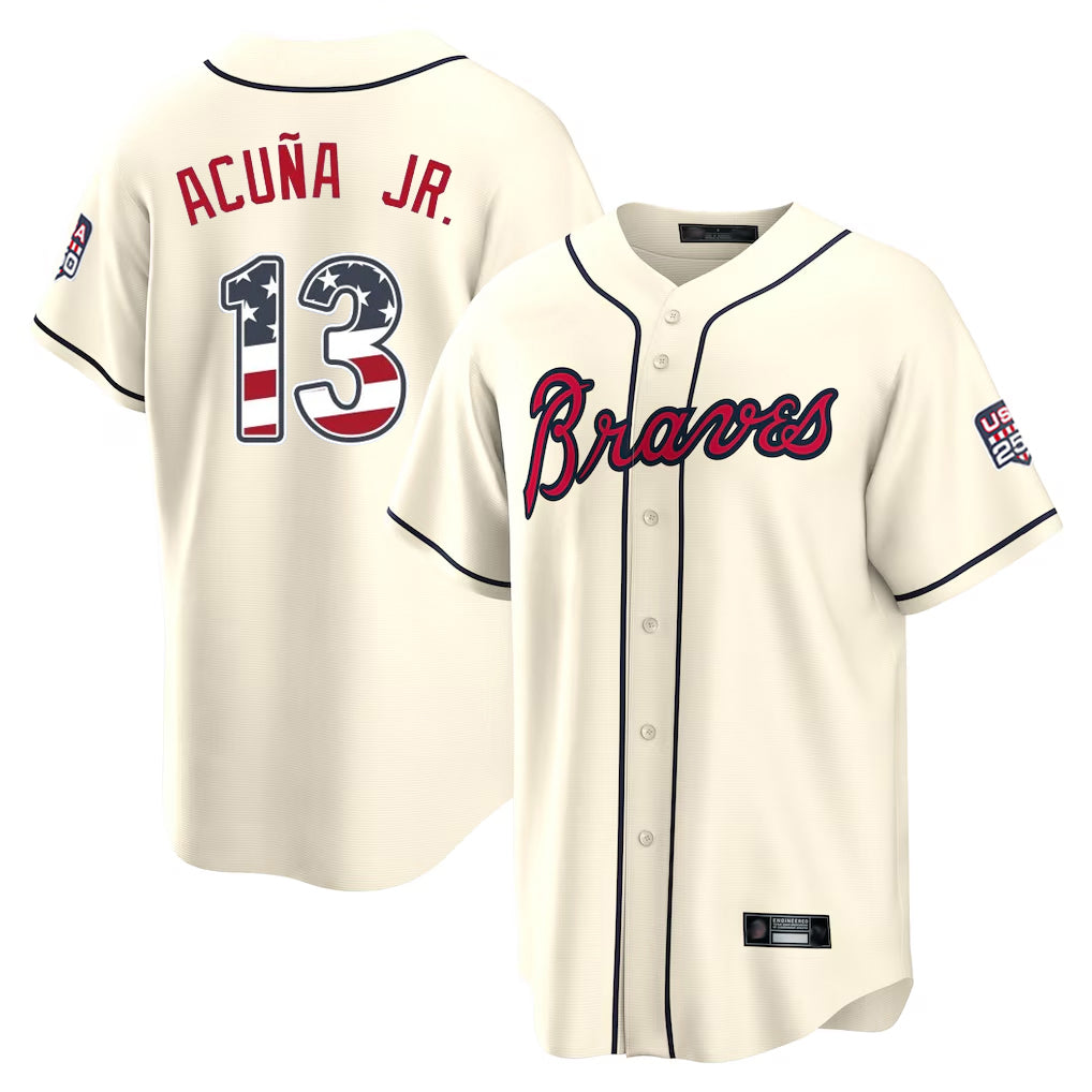 Atlanta Braves #13 Ronald Acuna Jr. Player Cream USA 250 Fourth Of July Limited Home Game Stitched Baseball Jersey