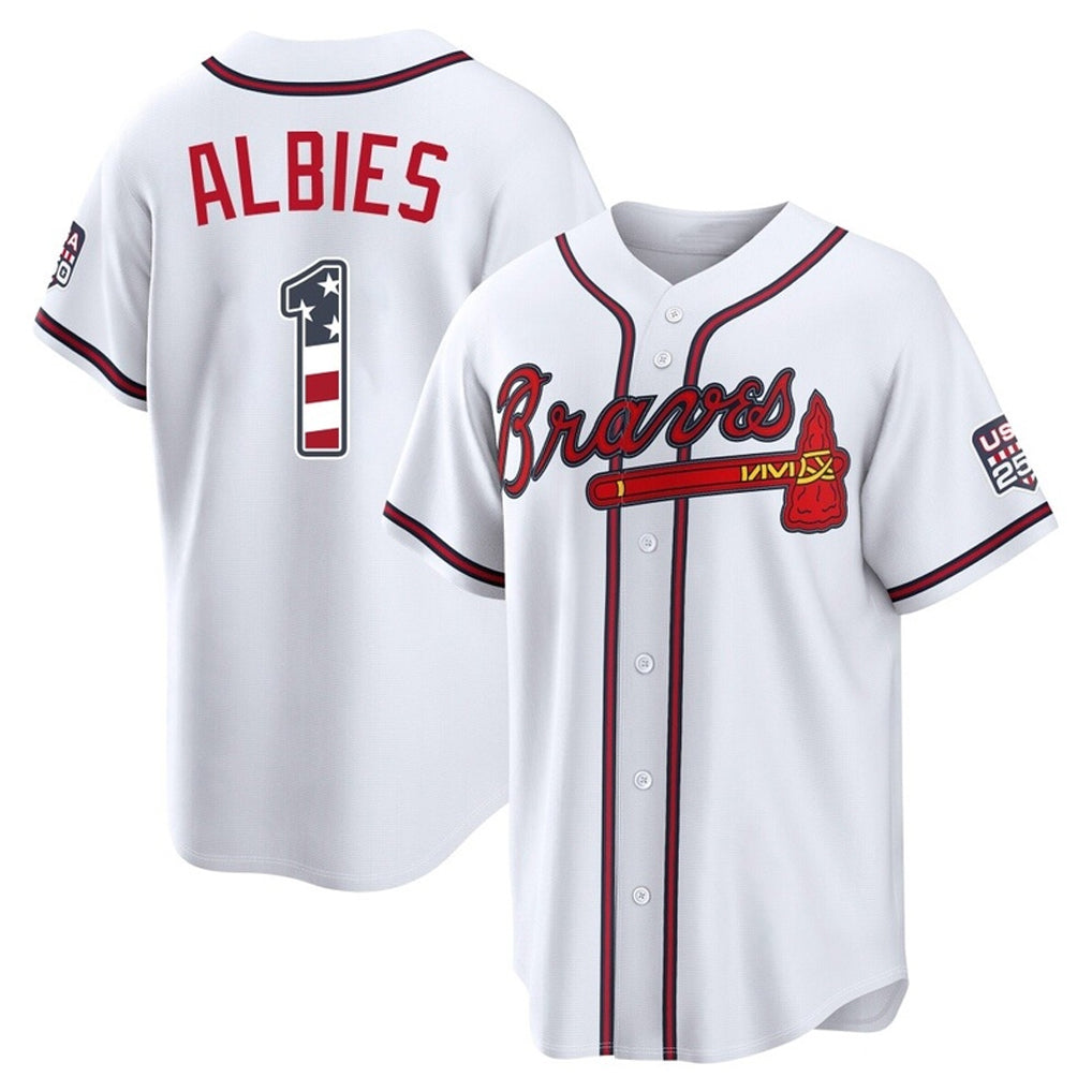 Atlanta Braves #1 Ozzie Albies Player White USA 250 Fourth Of July Limited Home Game Stitched Baseball Jersey