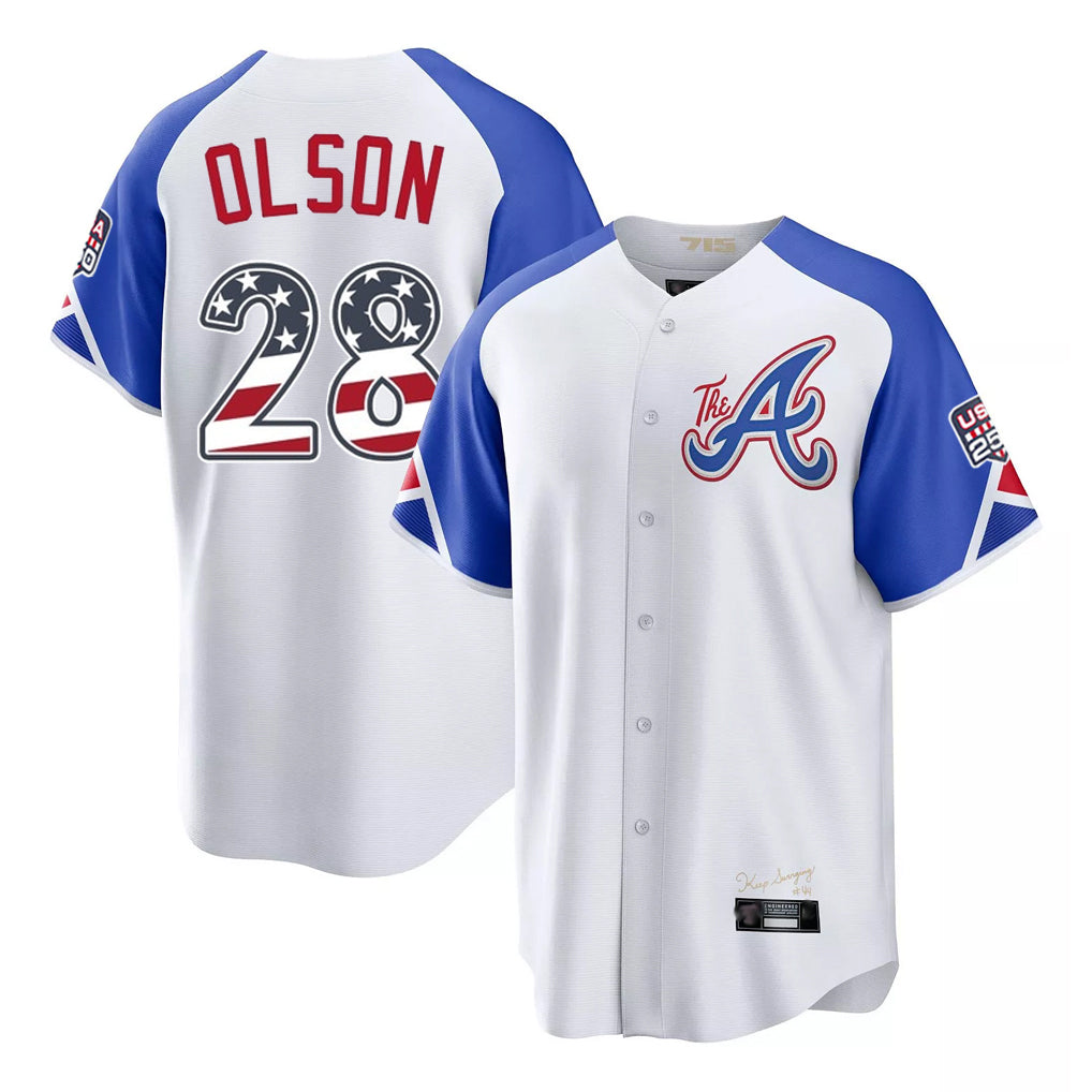 Atlanta Braves #28 Matt Olson Player White USA 250 Fourth Of July City Connect Home Game Stitched Baseball Jersey