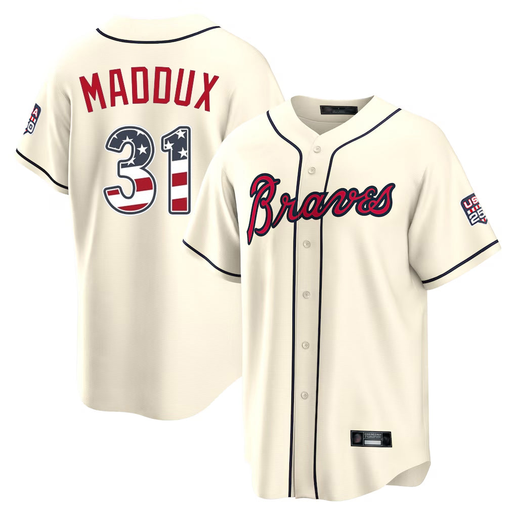 Atlanta Braves #31 Greg Maddux Player Cream USA 250 Fourth Of July Limited Home Game Stitched Baseball Jersey