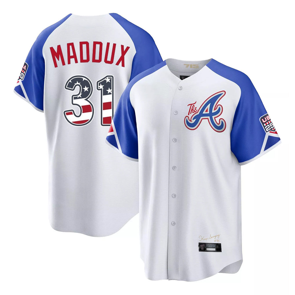 Atlanta Braves #31 Greg Maddux Player White USA 250 Fourth Of July City Connect Home Game Stitched Baseball Jersey