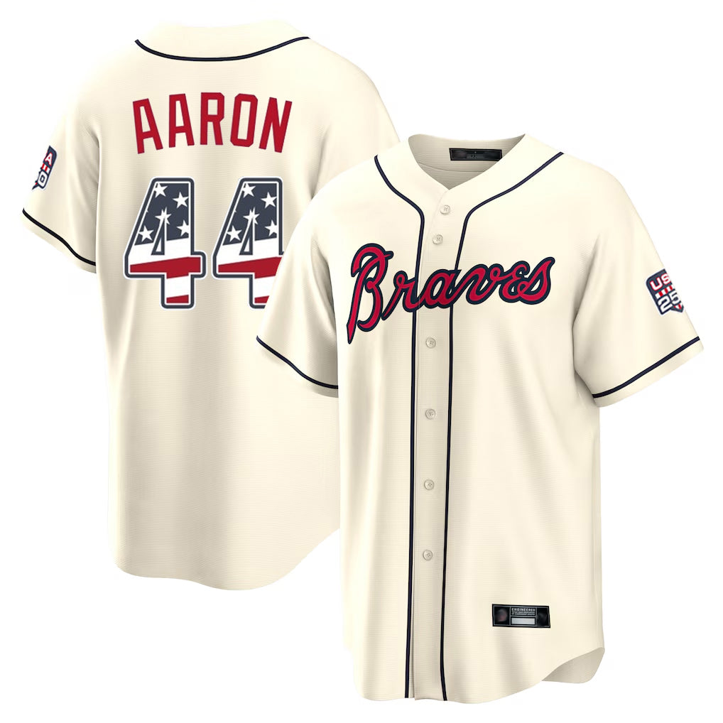 Atlanta Braves #44 Hank Aaron Player Cream USA 250 Fourth Of July Limited Home Game Stitched Baseball Jersey