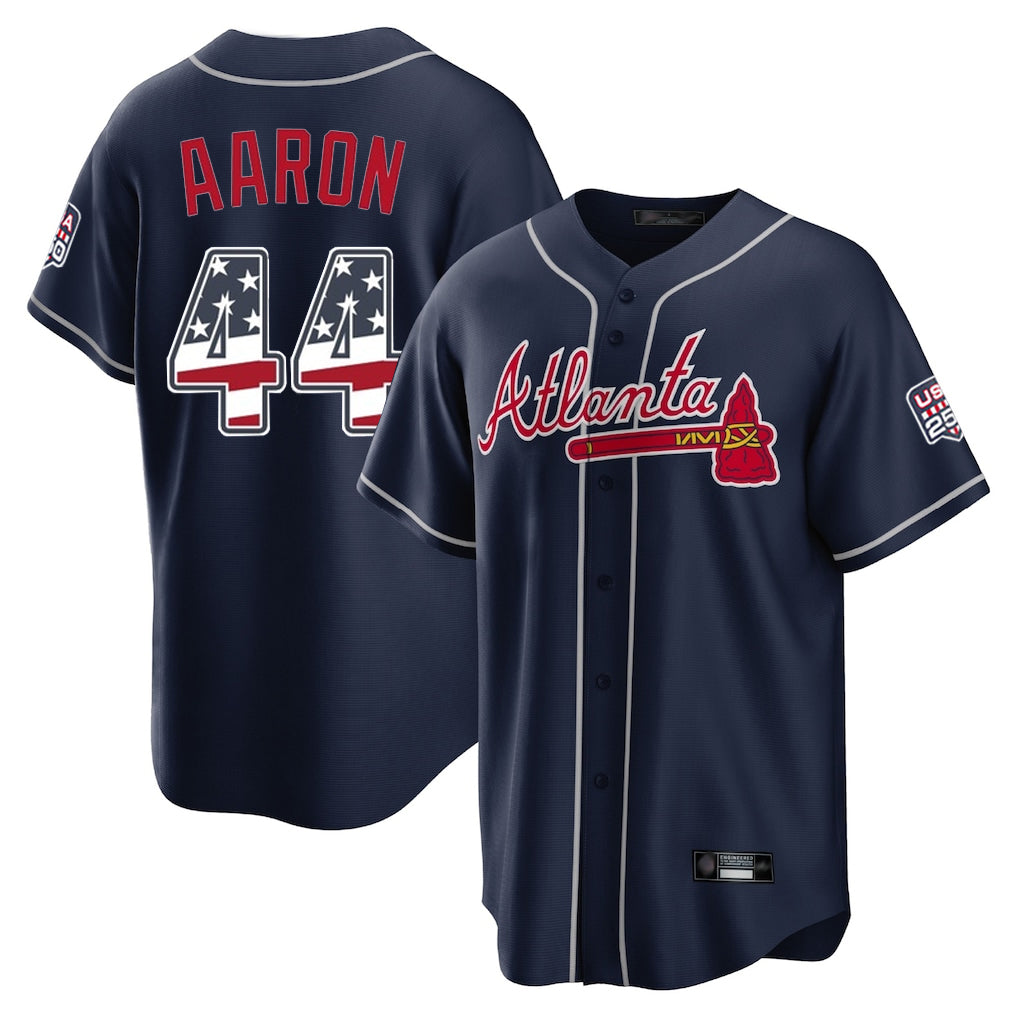 Atlanta Braves #44 Hank Aaron Player Navy USA 250 Fourth Of July Limited Home Game Stitched Baseball Jersey
