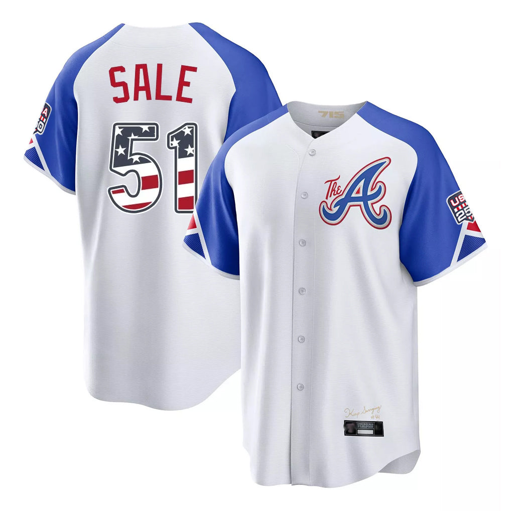 Atlanta Braves #51 Chris Sale Player White USA 250 Fourth Of July City Connect Home Game Stitched Baseball Jersey