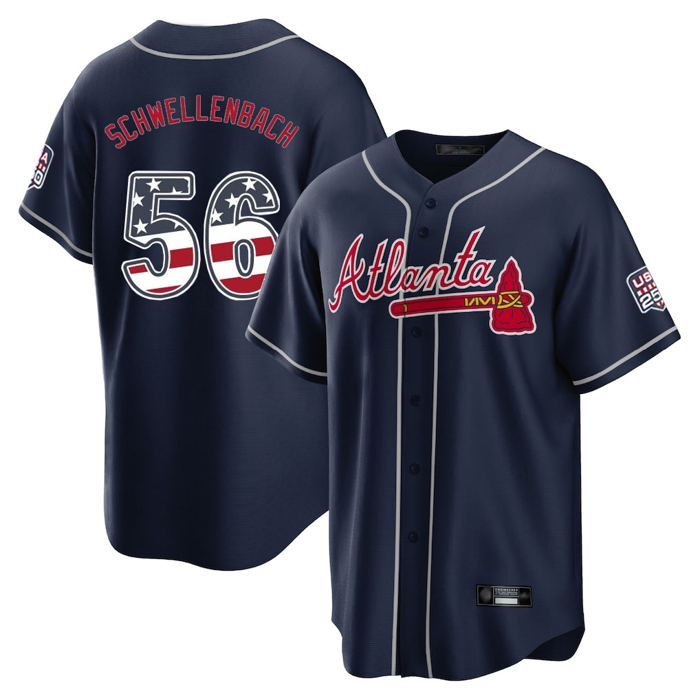 Atlanta Braves #56 Spencer Schwellenbach Player Navy USA 250 Fourth Of July Limited Home Game Stitched Baseball Jersey