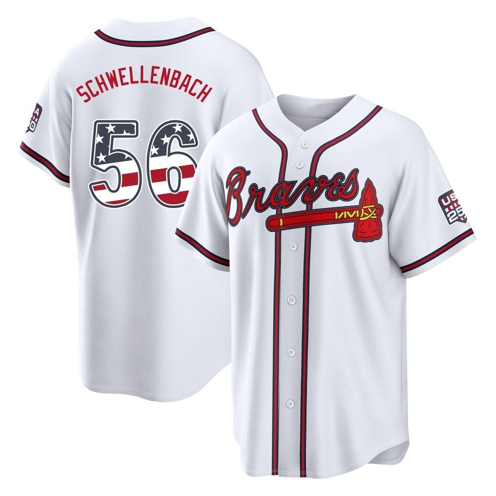 Atlanta Braves #56 Spencer Schwellenbach Player White USA 250 Fourth Of July Limited Home Game Stitched Baseball Jersey