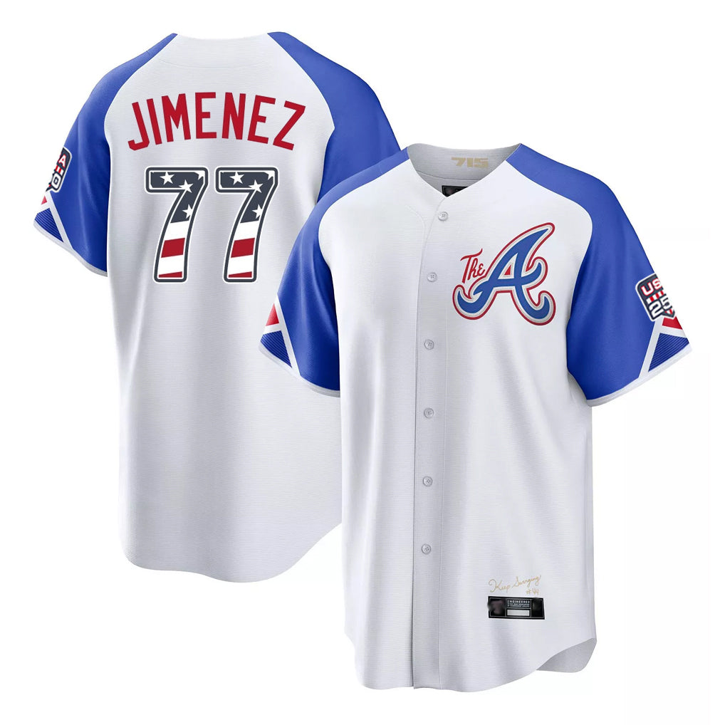 Atlanta Braves #77 Joe Jimenez Player White USA 250 Fourth Of July City Connect Home Game Stitched Baseball Jersey