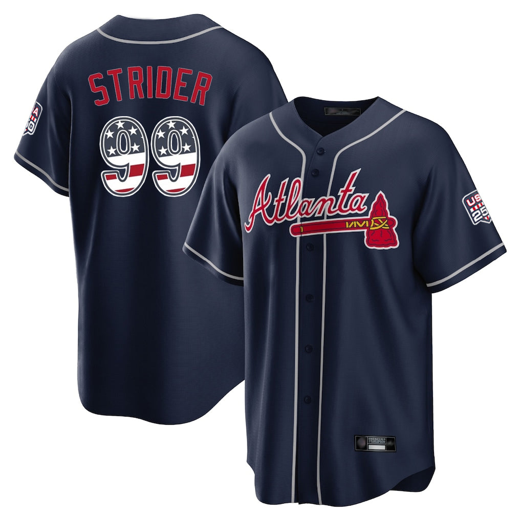 Atlanta Braves #99 Spencer Strider Player Navy USA 250 Fourth Of July Limited Home Game Stitched Baseball Jersey