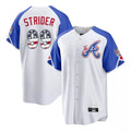 Atlanta Braves #99 Spencer Strider Player White USA 250 Fourth Of July City Connect Home Game Stitched Baseball Jersey