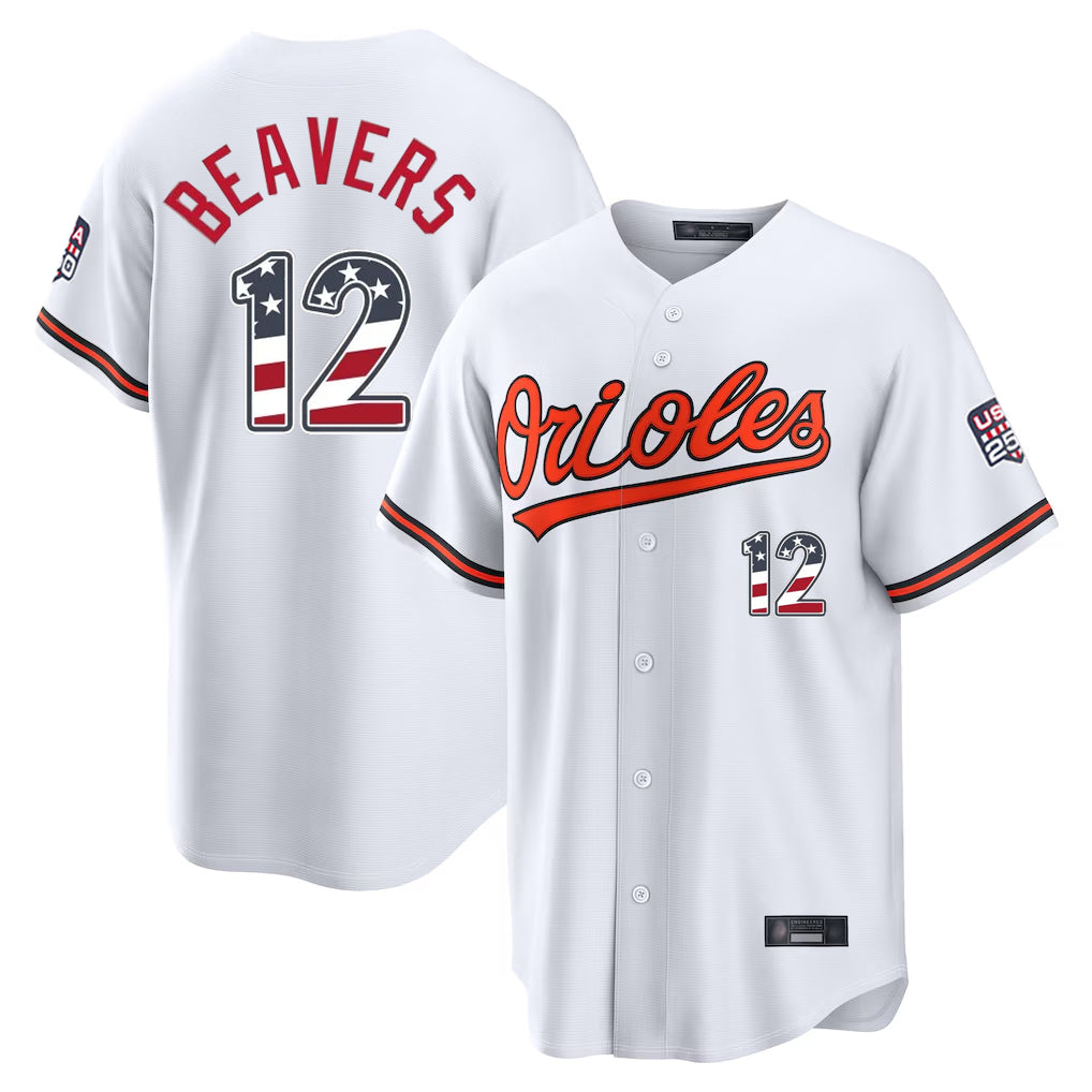 Baltimore Orioles #12 Dylan Beavers Player White USA 250 Fourth of July Home Game Stitched Baseball Jersey